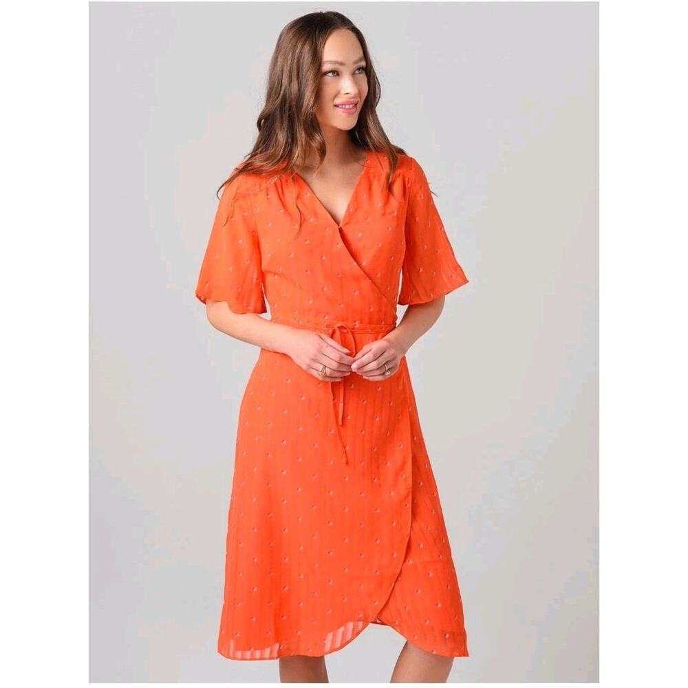 CUPCAKES AND CASHMERE M Mulholland DressTrue Wrap Midi Coral Red NWT